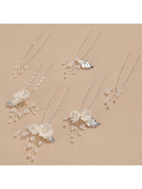 Women\'s Silver Rhinestone Crystal Handmade Bridesmaid Floral Pearl Hair Pins